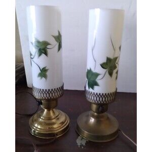 Vintage brass & glass pillar converted boudoir lamps hand painted ivy pattern